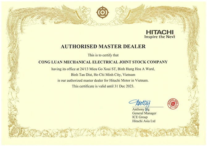 giấy chứng nhận độc quyền motor hitachi tại Việt Nam của Công ty Công Luận 