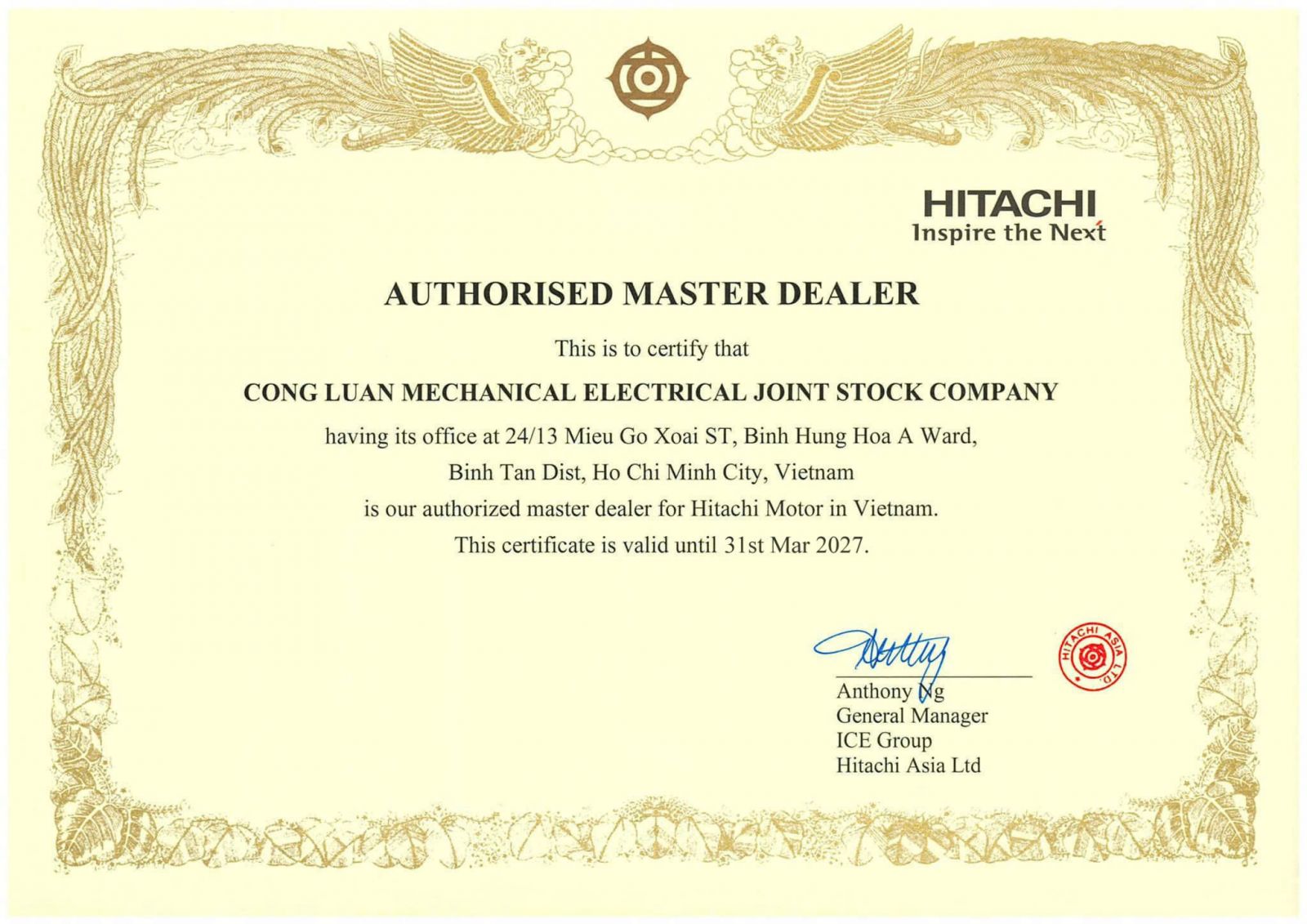 Giấy chứng nhận Công Luận là đại lý chính thức được ủy quyền của Hitachi tại Việt Nam